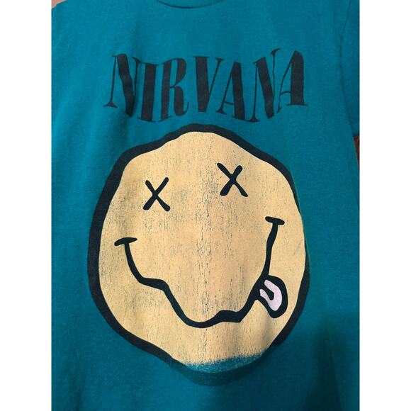 Nirvana Smiley Face Graphic Unisex Teal Band Tee size Medium - Picture 5 of 5